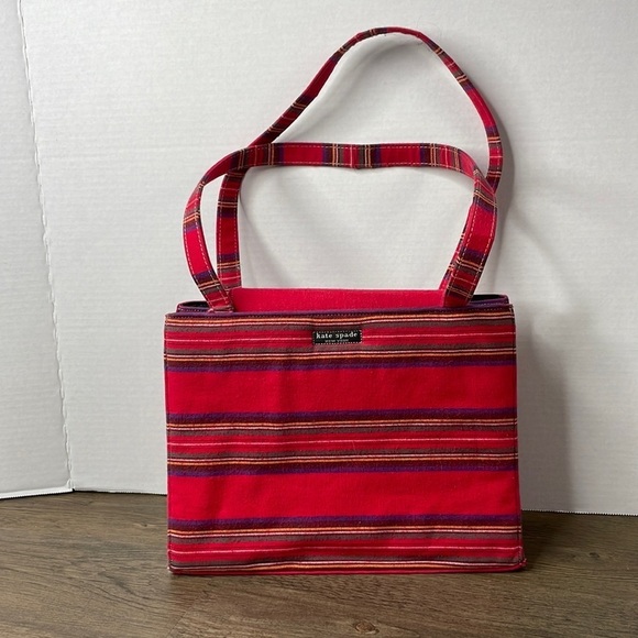 Vintage Kate Spade Striped Red Flannel Hand Bag Purse - Picture 1 of 12